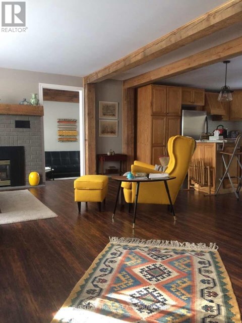 A living room with a yellow chair and a rug.