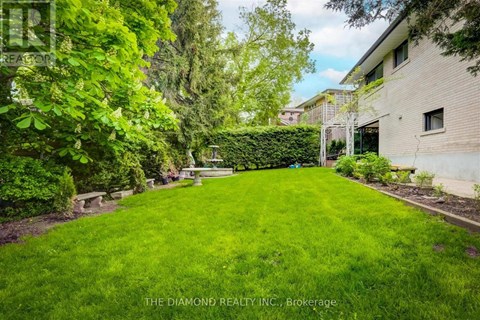 A well-maintained lawn in front of a building with a hedge and trees.