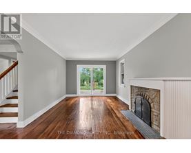 A room with a fireplace and a view of trees through the door.