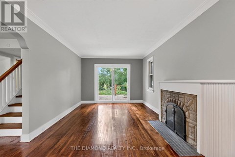 A room with a fireplace and a view of trees through the door.