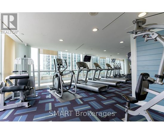 A gym with a variety of equipment including treadmills, stationary bikes, and weight machines.