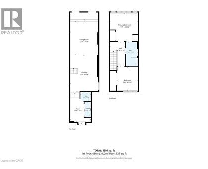 A floor plan for a two-story building with a total area of 205 square feet.