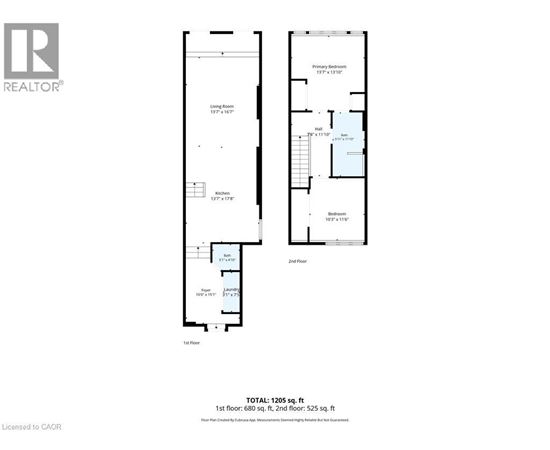A floor plan for a two-story building with a total area of 205 square feet.