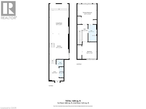 A floor plan for a two-story building with a total area of 205 square feet.