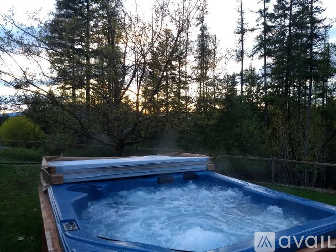 A hot tub with foam bubbles in the foreground and trees in the background.