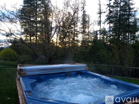 A hot tub with foam bubbles in the foreground and trees in the background.