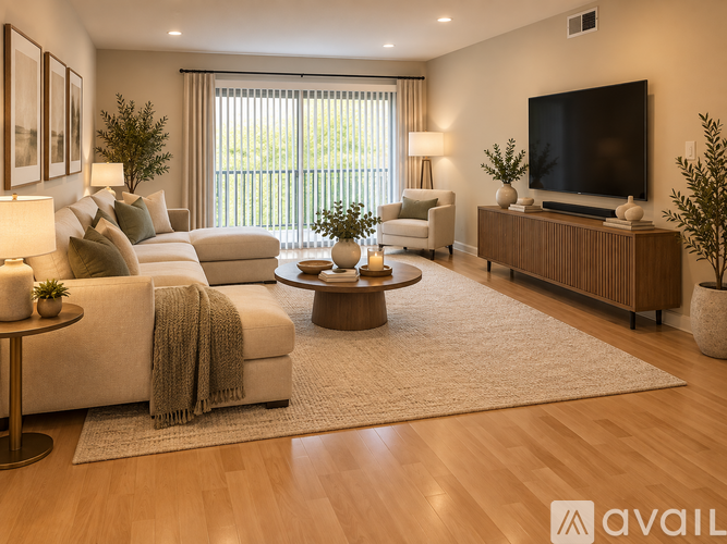 A modern living room with a large couch, a coffee table, and a flat-screen TV.
