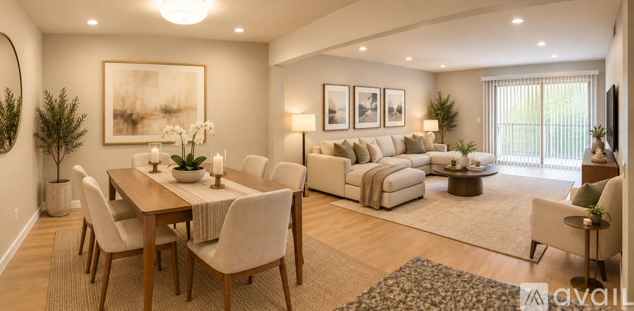 A well-lit, modern living room with a dining table and chairs.