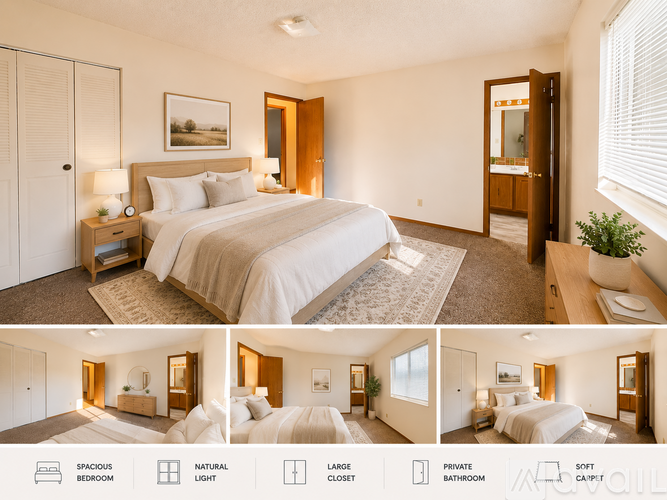A bedroom with a large bed, a nightstand with a lamp, and a door leading to another room.