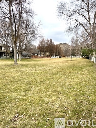 A grassy field with trees and buildings in the distance.