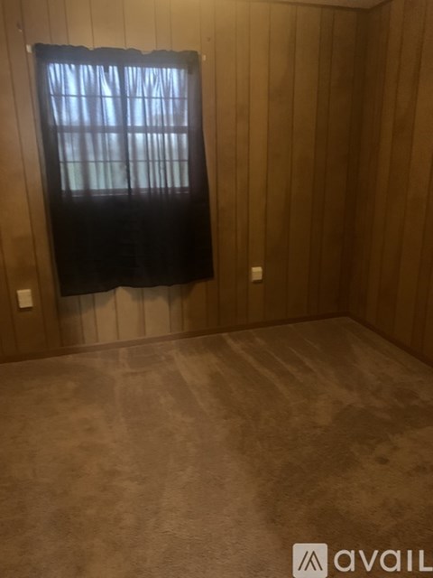 A room with wooden walls and a carpeted floor.