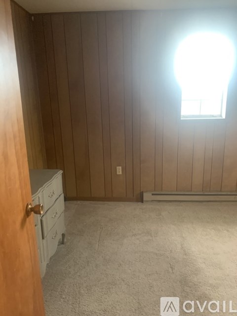 A room with wooden walls and a carpeted floor.