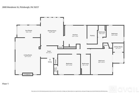 A floor plan of a two-story house with a living room, dining room, kitchen, and multiple bedrooms.