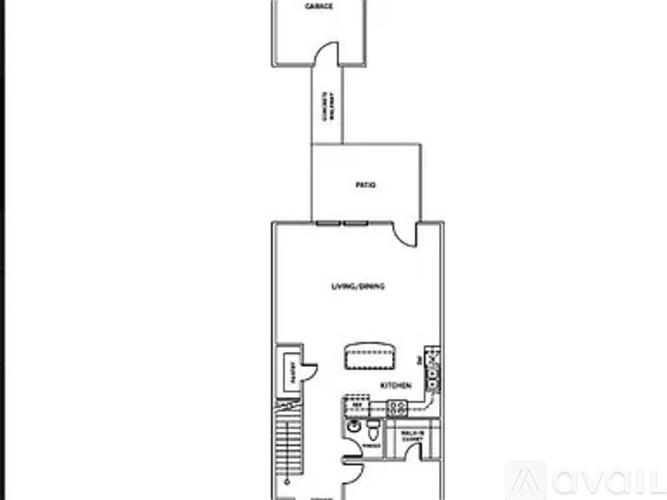 A drawing of a floor plan of a house with a garage, living room, and kitchen.