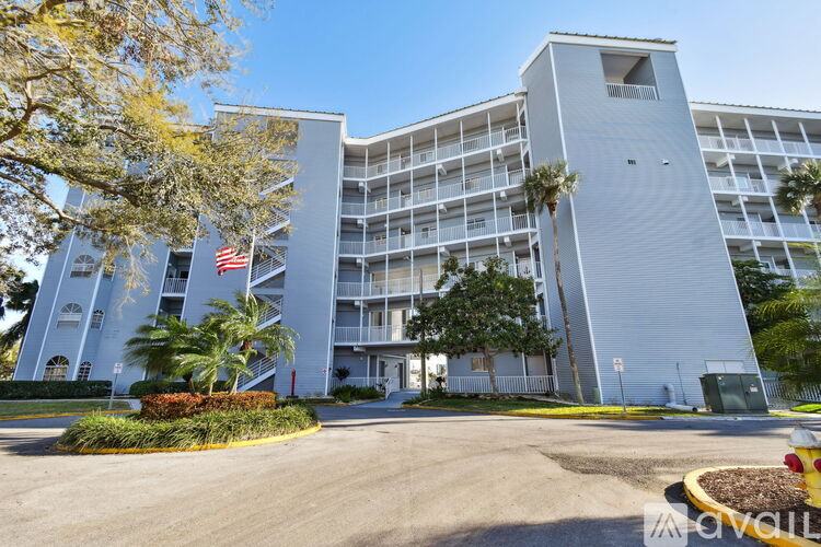 A large white building with a flag on the left side and a palm tree in front.