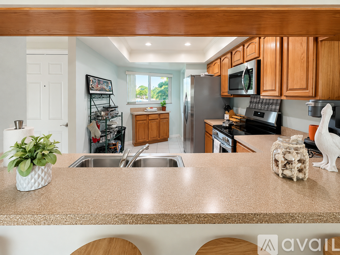 A kitchen with wooden cabinets and a countertop with a plant on it.