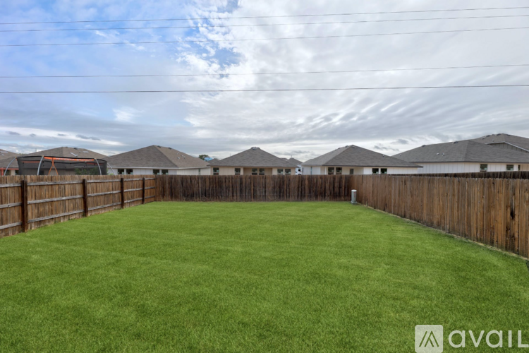 A backyard with a wooden fence and green grass.