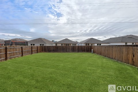 A backyard with a wooden fence and green grass.