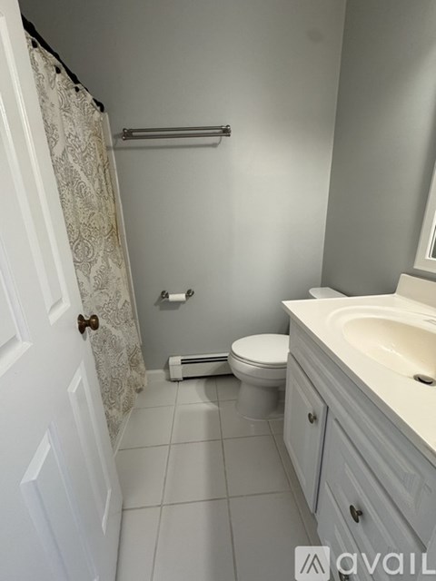 A bathroom with a toilet, sink, and shower curtain.