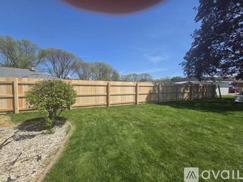 A backyard with a wooden fence and a small tree.