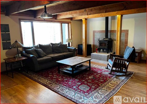 A living room with a grey couch, a coffee table, and a wood burning stove.