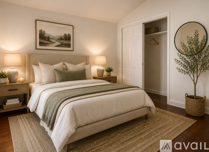 A bedroom with a large bed and a painting on the wall.