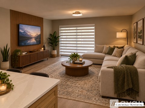 A living room with a large couch, a coffee table, and a painting on the wall.
