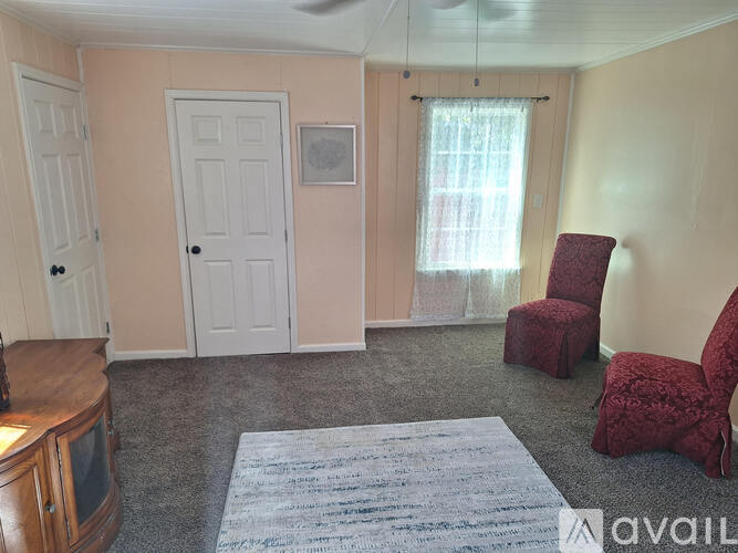 A living room with a rug, a chair, and a television.