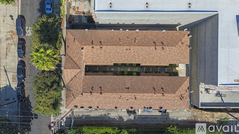 A building with a lot of birds on the roof.
