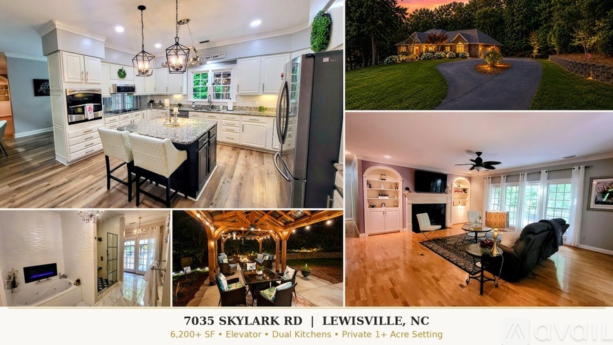 A collage of images showcasing the interior and exterior of a property located at 7035 SkyLark Rd, Lewisville, NC, featuring a 6,200+ square foot elevator, dual kitch