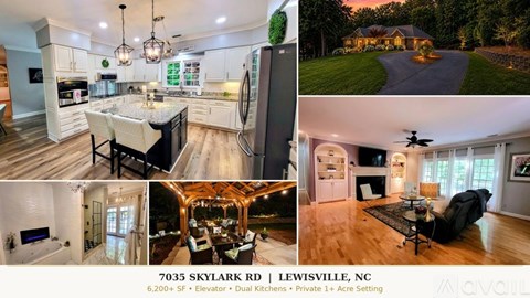 A collage of images showcasing the interior and exterior of a property located at 7035 SkyLark Rd, Lewisville, NC, featuring a 6,200+ square foot elevator, dual kitch