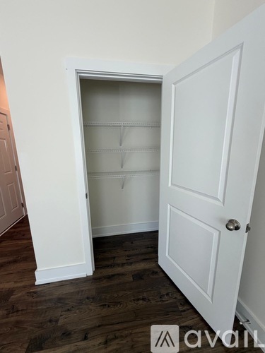 A white door is open to a pantry with shelves.