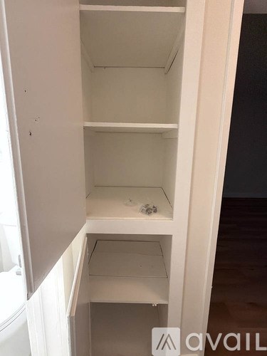 A white cabinet with three shelves is empty.