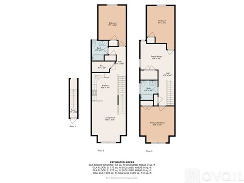 A floor plan for a two-story building with estimated areas for each room.