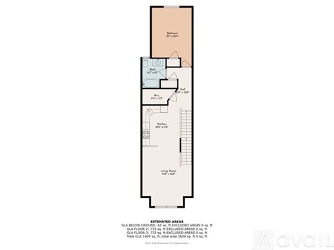 A floor plan of a building with a living area, kitchen, and bathroom.