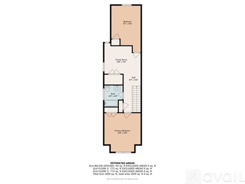 A floor plan of an apartment with a living room, two bedrooms, a bathroom, and a kitchen.