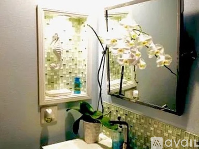 A bathroom with a mirror, a plant, and a window.