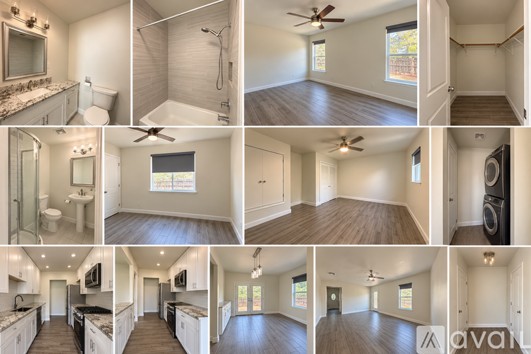 A series of images showcasing various rooms in a house, including a bathroom, kitchen, and living room.