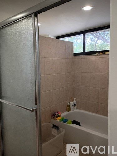 A bathroom with a tub, toiletries and a frosted glass shower door.