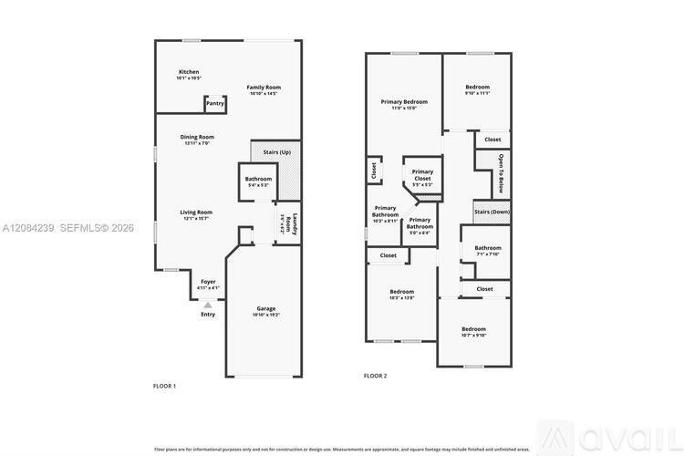 A floor plan for a duplex apartment with two bedrooms and two bathrooms.