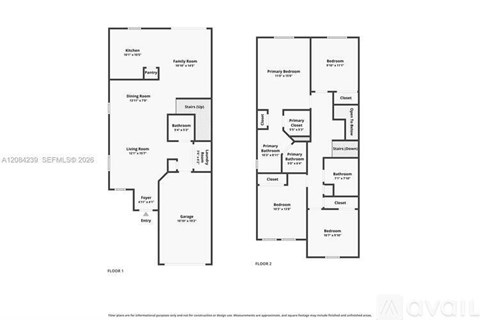 A floor plan for a duplex apartment with two bedrooms and two bathrooms.