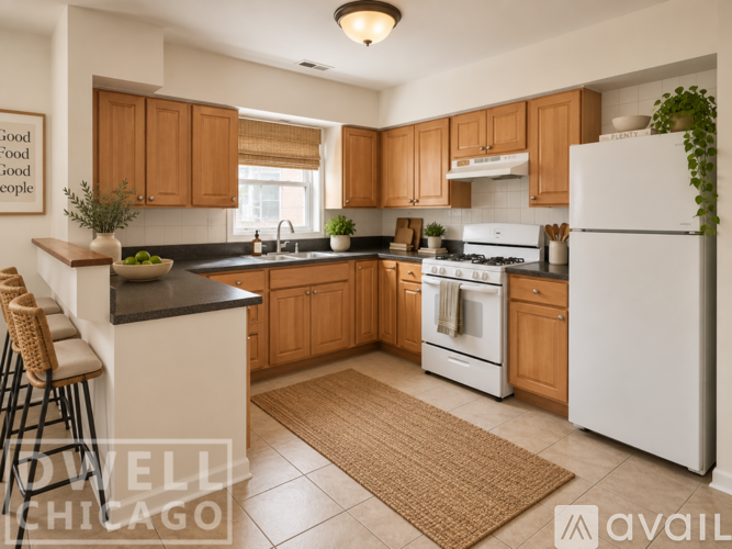 A kitchen with wooden cabinets and a white refrigerator.