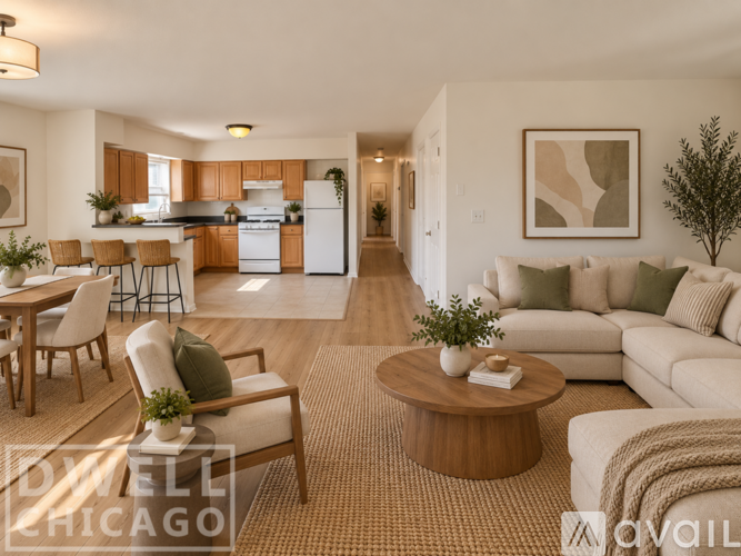 A well-lit, spacious living room with a dining area and kitchen in the background.