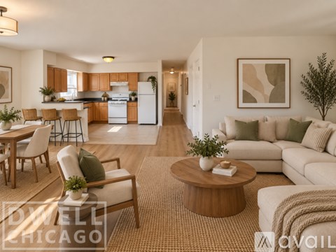 A well-lit, spacious living room with a dining area and kitchen in the background.