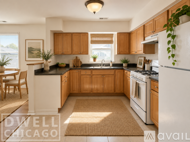 A kitchen with wooden cabinets and a white refrigerator.