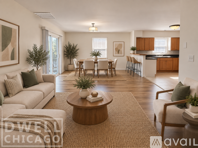 A well decorated living room with a dining table and chairs.