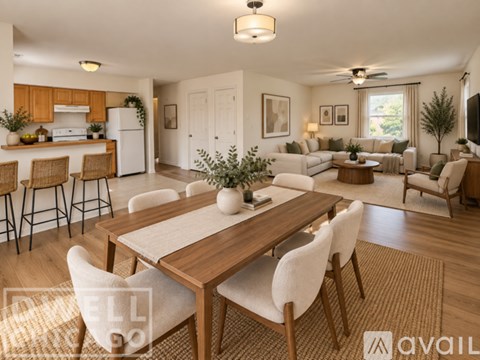 A well-lit, modern dining room with a wooden table and chairs.