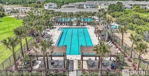 A large swimming pool surrounded by palm trees and a fence.