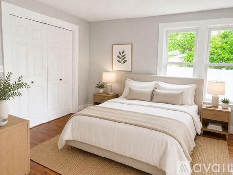 A bedroom with a large bed, a nightstand with a lamp, and a plant on the side table.