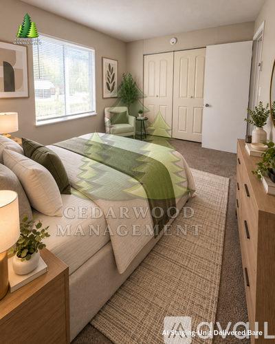 A bedroom with a bed, a couch, a chair, a lamp, a plant, and a rug.